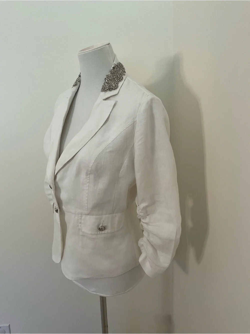 INC International Concepts White Linen Ruch Sleeve Peplum Jacket